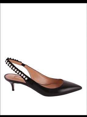 Aquazzura Black Slingback Kitten Heels with Pearl Trim